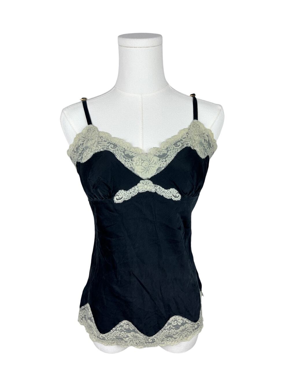 Vintage Express Black Silk Cream Lace Trim V Neck Intimate Cami Top S